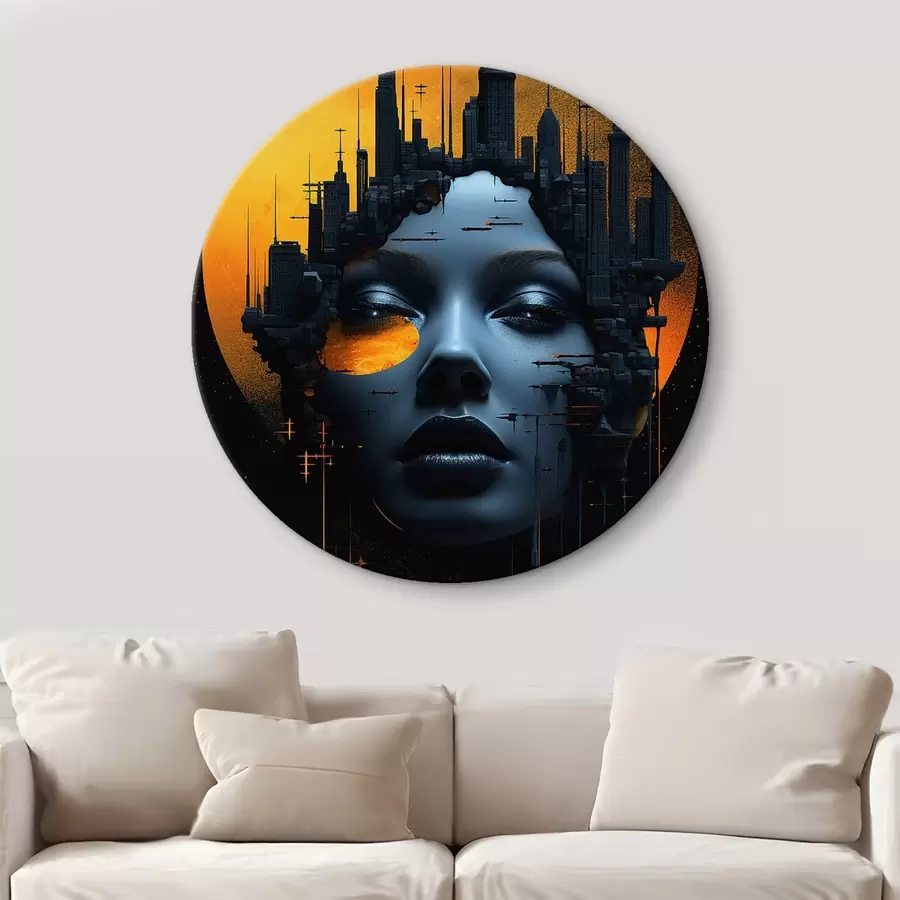 Glezna Cilvēki, meitenes seja uz pilsētas fona, abstrakts r45341