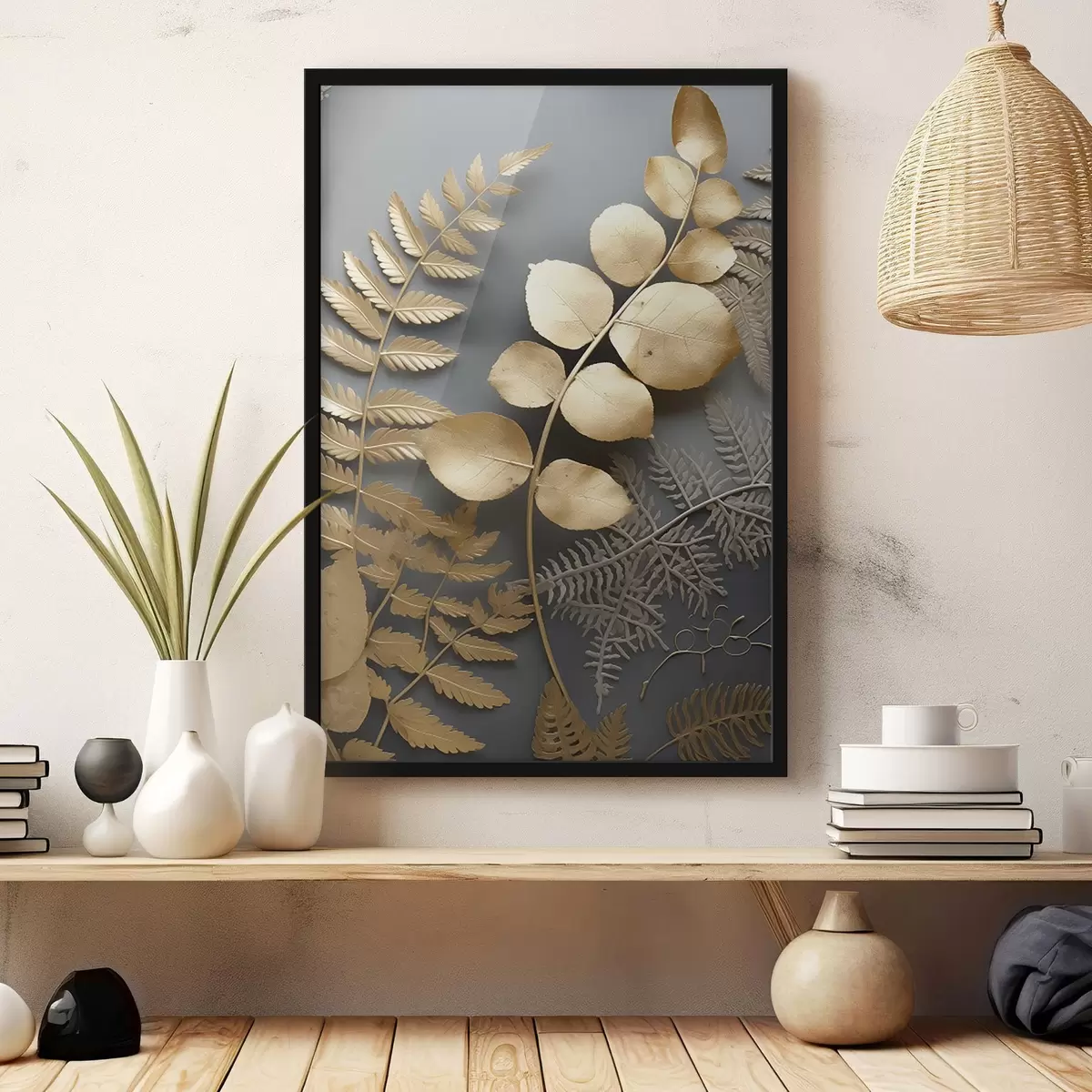 Plakāts Papardes un eikalipta zari uz tumša fona f45334