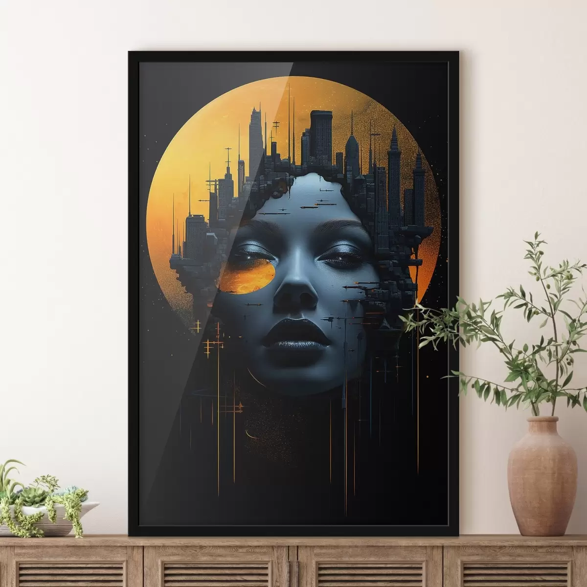 Plakāts Cilvēki, meitenes seja uz pilsētas fona, abstrakts f45341