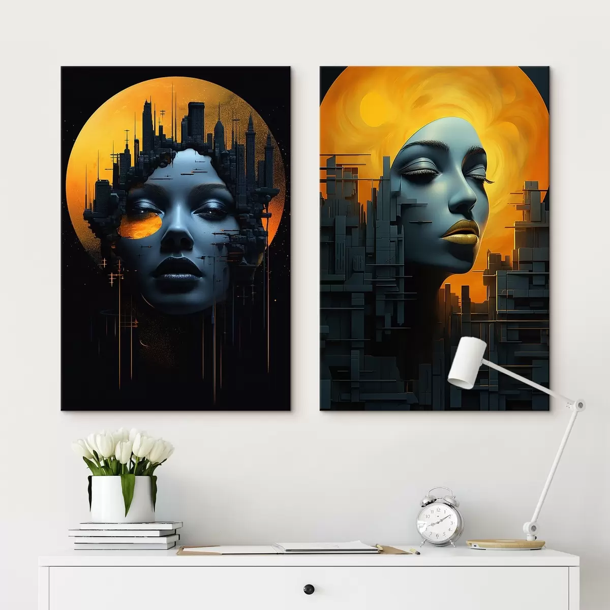 Glezna Meitenes portrets uz abstrakta pilsētas fona m00618