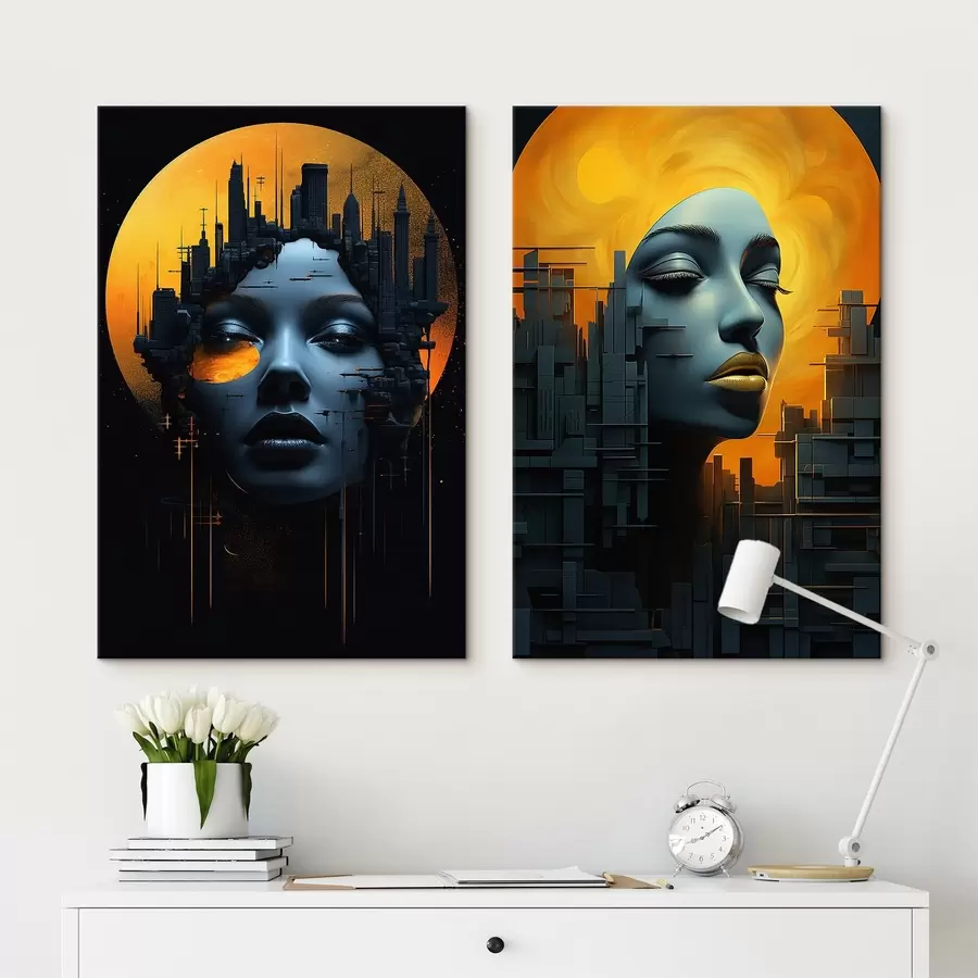 Glezna Meitenes portrets uz abstrakta pilsētas fona m00618