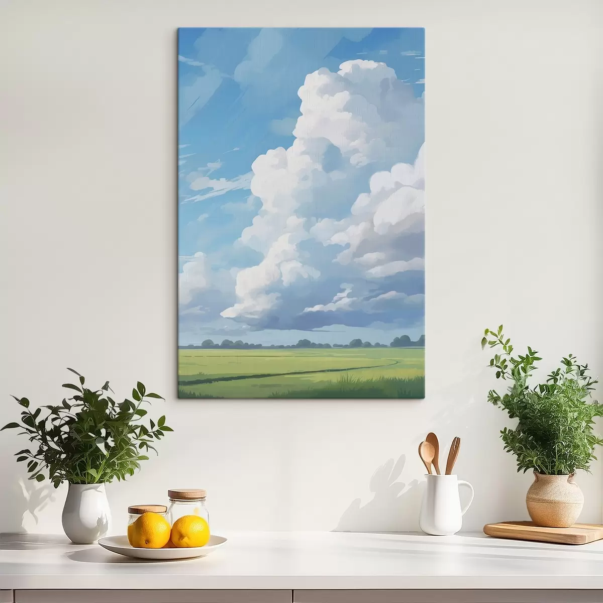Glezna Laukums pret debesīm ar milzīgiem mākoņiem s45453