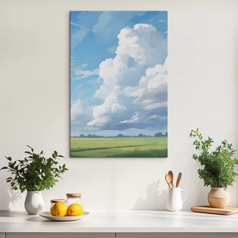 Glezna Laukums pret debesīm ar milzīgiem mākoņiem s45453
