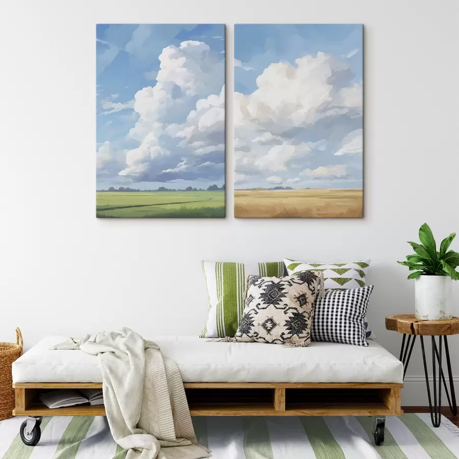 Glezna Laukums pret debesīm ar milzīgiem mākoņiem m00624