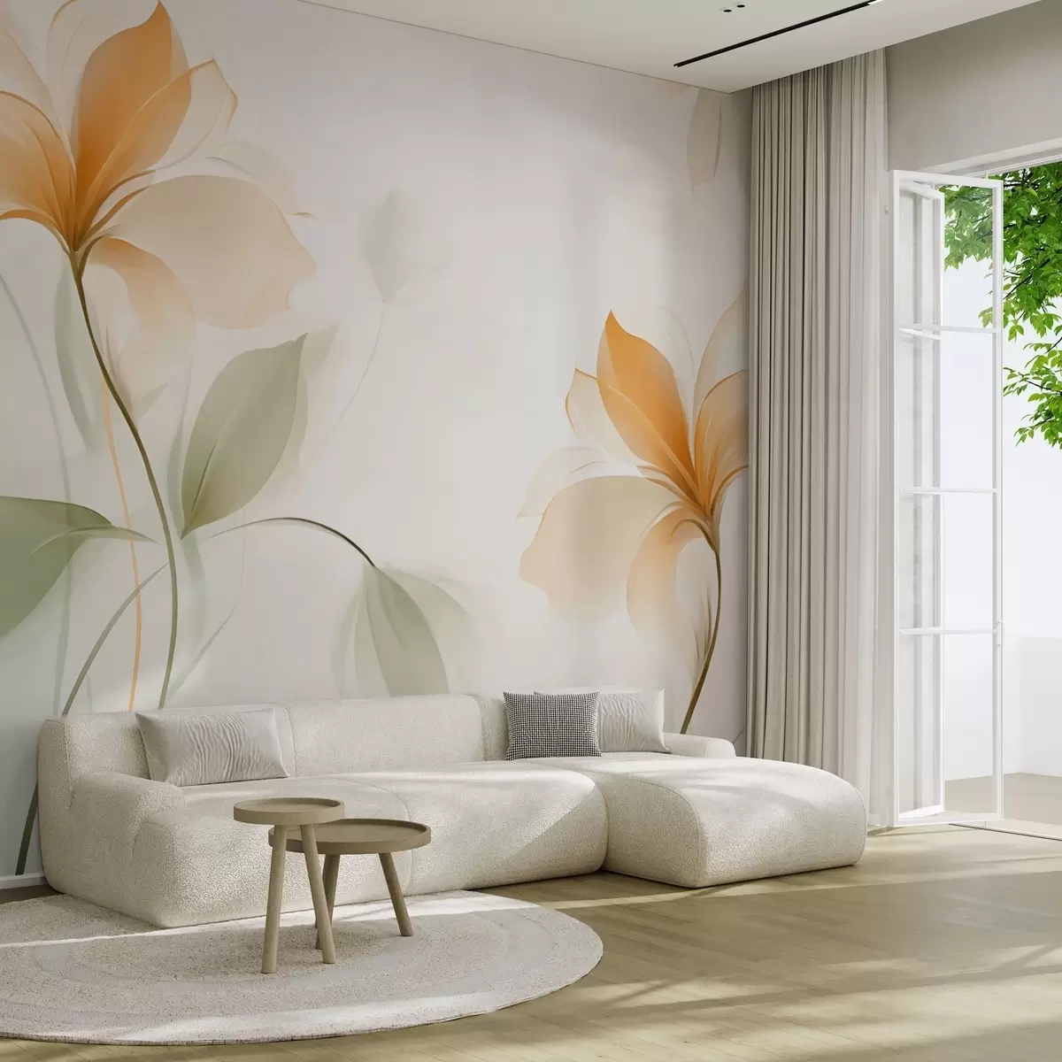 Fototapetes Caurspīdīgi ziedi ar bagātīgu oranžu centru w04397v1