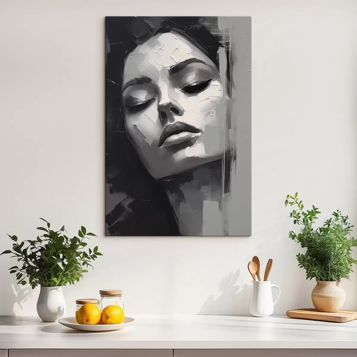 Glezna Melnbalts sievietes portrets ar aizvērtām acīm s45479