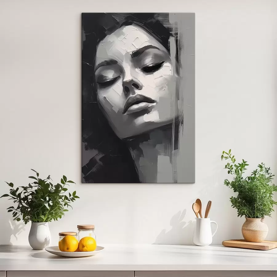 Glezna Melnbalts sievietes portrets ar aizvērtām acīm s45479