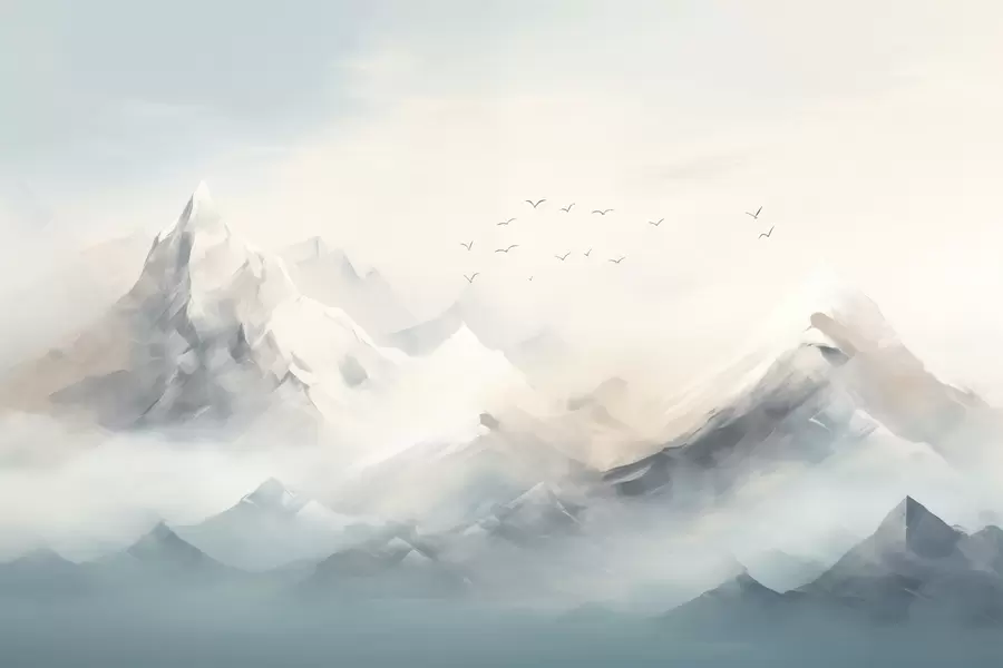 Fototapetes Sniegotas kalnu virsotnes rīta miglā ar lidojošiem putniem w09326