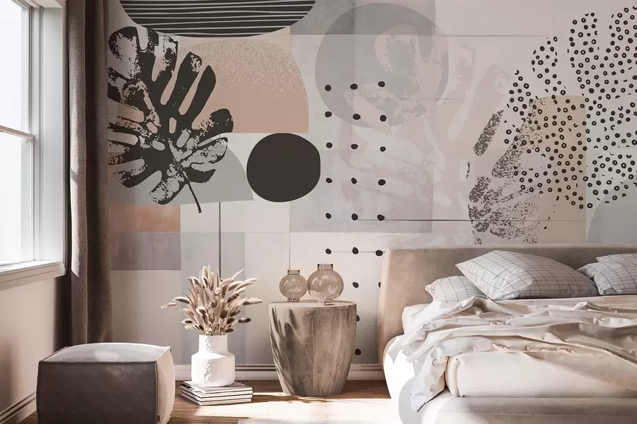 Fototapetes Abstraktā apdruka ar ģeometriskām formām un tropu lapām, apļiem, punktiņiem un līnijām, moderns un minimālisma dizains w09333