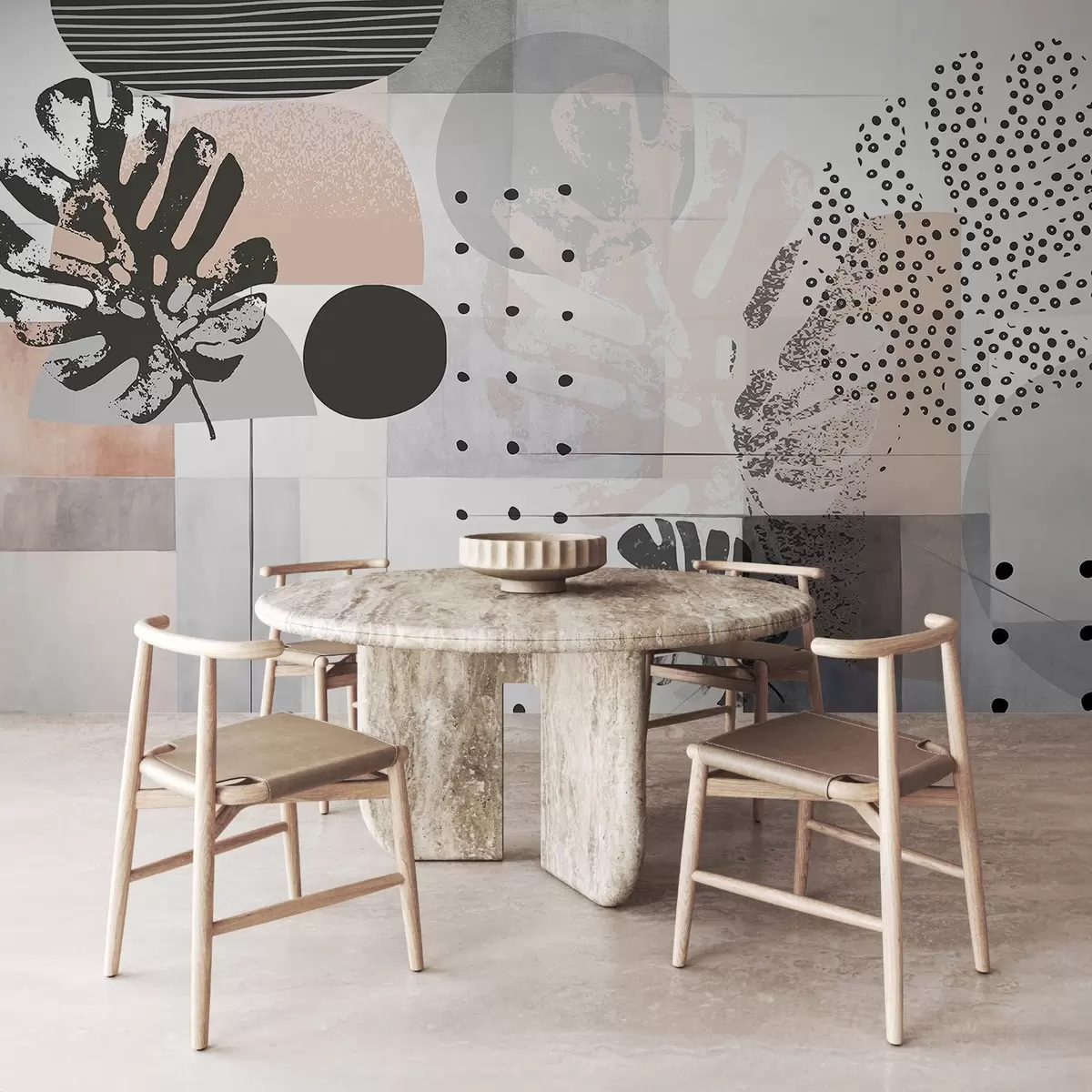 Fototapetes Abstraktā apdruka ar ģeometriskām formām un tropu lapām, apļiem, punktiņiem un līnijām, moderns un minimālisma dizains w09333