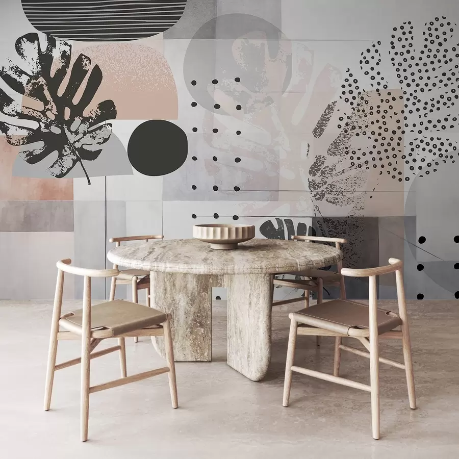 Fototapetes Abstraktā apdruka ar ģeometriskām formām un tropu lapām, apļiem, punktiņiem un līnijām, moderns un minimālisma dizains w09333