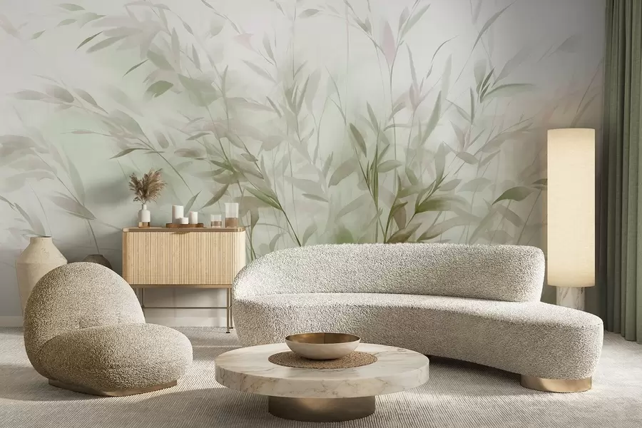 Fototapetes Zāle un nezāles ar plānām lapām un stublājiem, gaiši zaļas un brūnas krāsas, maigi un smalki otas triepieni, minimālisma apdruka w09342