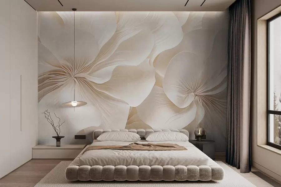 Fototapetes Krēmkrāsas tekstūras ziedu tuvplāns ar maigiem, plūstošiem ziedlapiņām, kas veido maigu, elegantu un teksturētu ziedu kompozīciju w09346