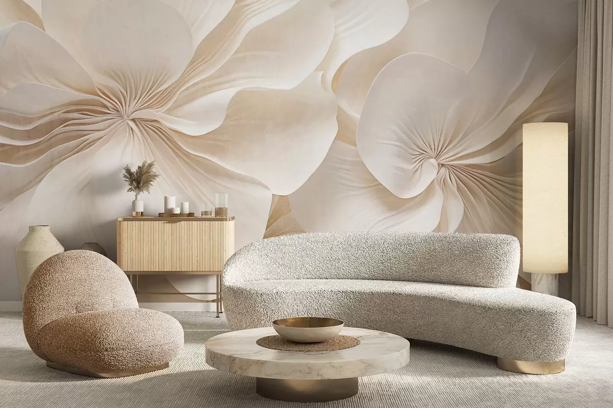 Fototapetes Krēmkrāsas tekstūras ziedu tuvplāns ar maigiem, plūstošiem ziedlapiņām, kas veido maigu, elegantu un teksturētu ziedu kompozīciju w09346