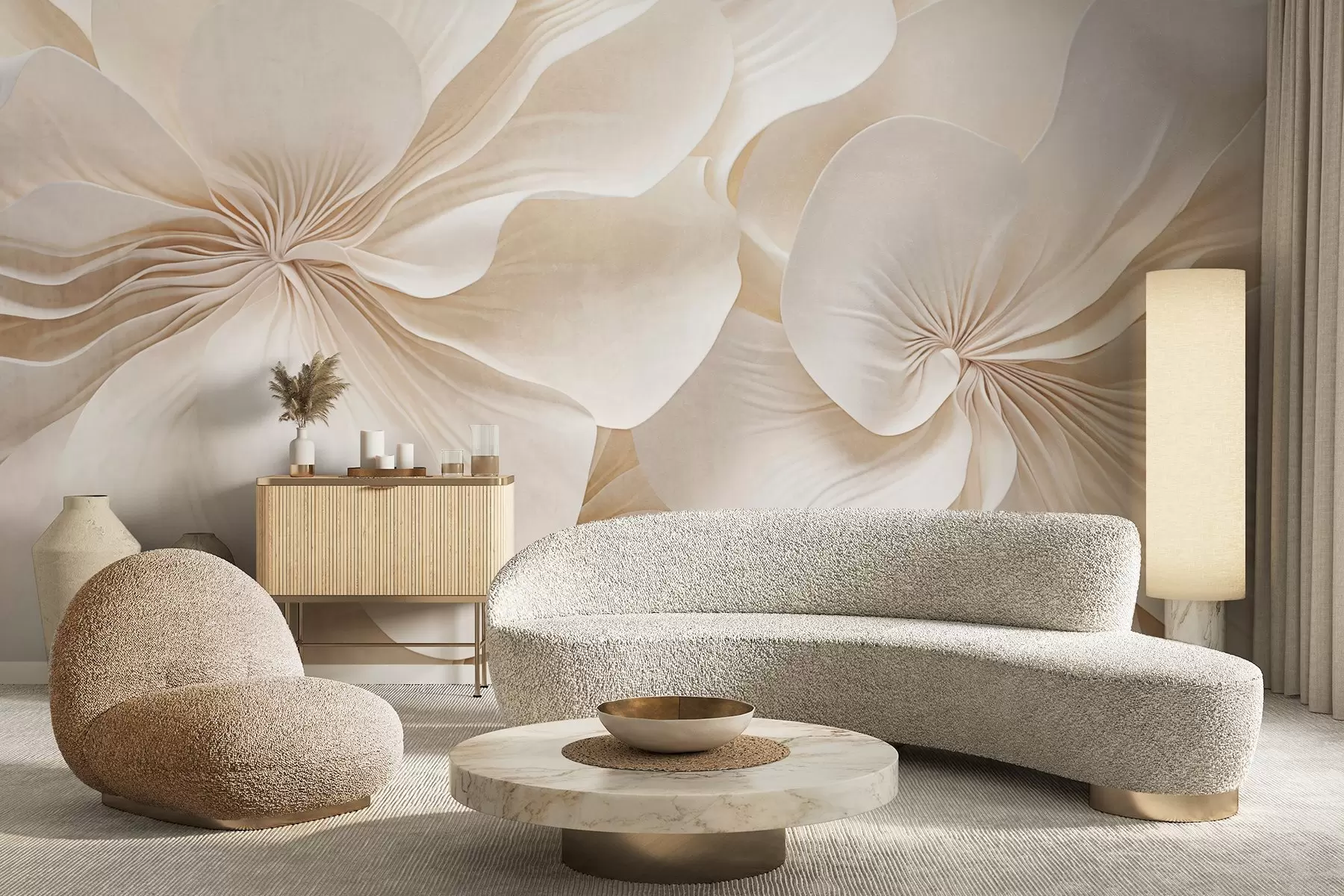 Fototapetes Krēmkrāsas tekstūras ziedu tuvplāns ar maigiem, plūstošiem ziedlapiņām, kas veido maigu, elegantu un teksturētu ziedu kompozīciju w09346