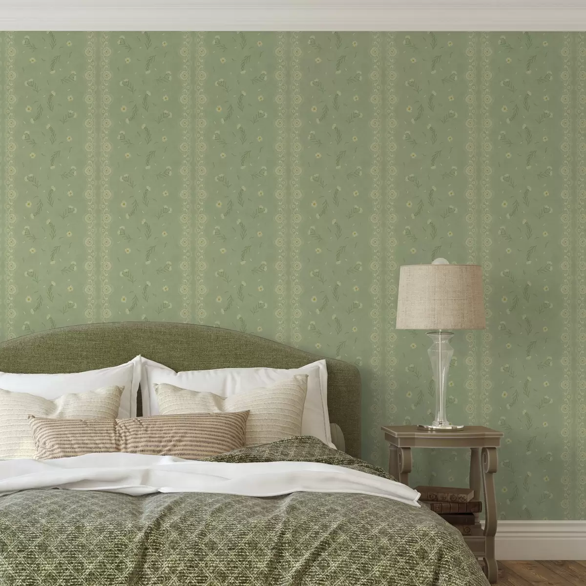 Tapetes Zaļš fons ar margrietiņām un mežģīņu malu a00291