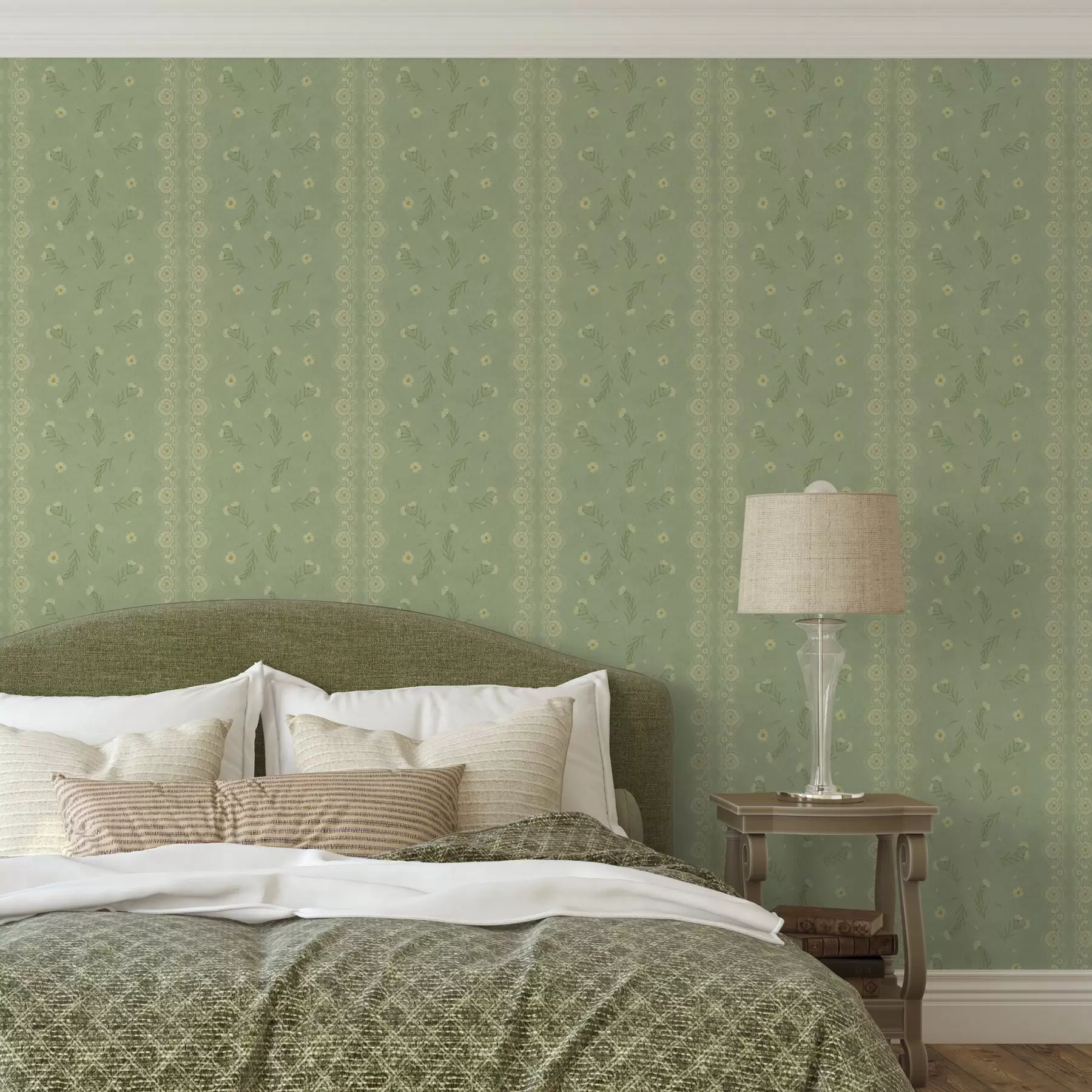 Fototapetes Zaļš fons ar margrietiņām un mežģīņu malu a00291