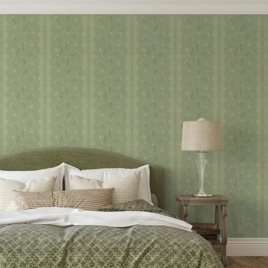 Fototapetes Zaļš fons ar margrietiņām un mežģīņu malu a00291