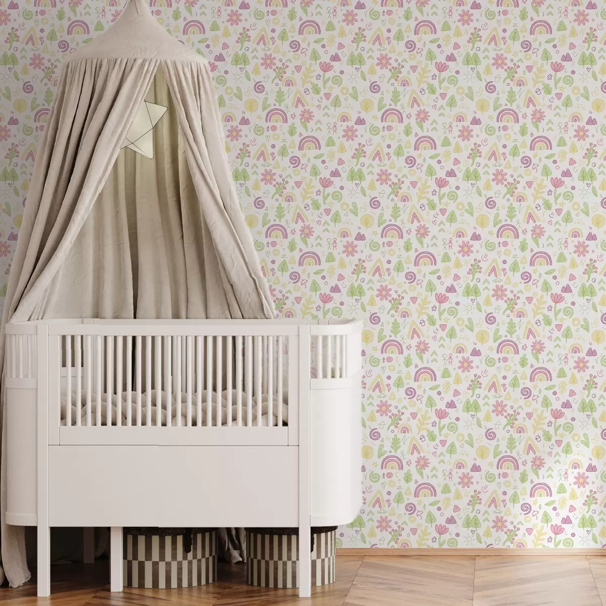 Tapetes Bērnu zīmējums ar varavīksni, ziediem un kokiem a00296