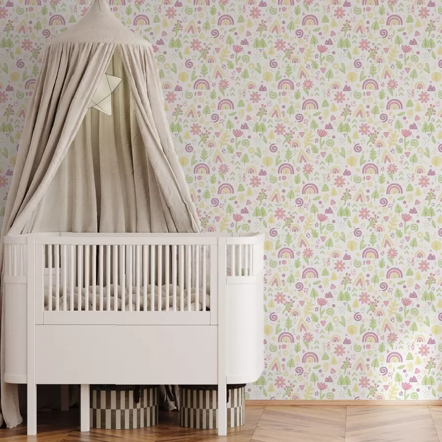 Fototapetes Bērnu zīmējums ar varavīksni, ziediem un kokiem a00296