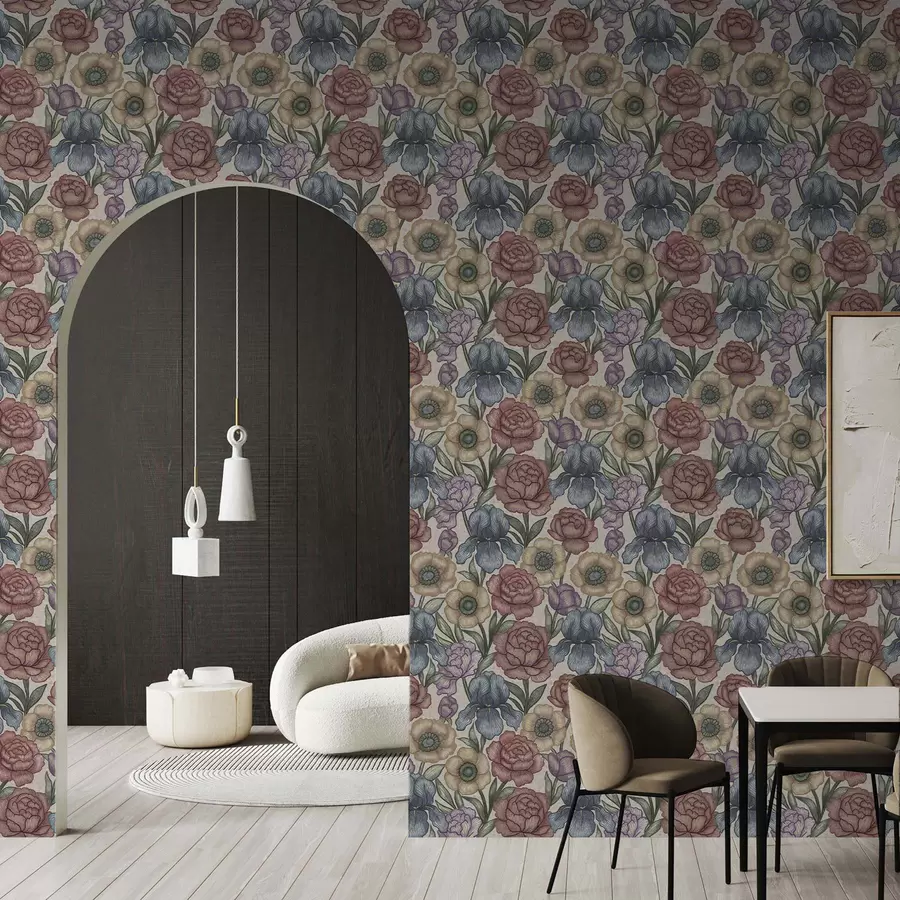 Fototapetes Lielas ziedu ilustrācijas ar īrisiem un peonijām a00325