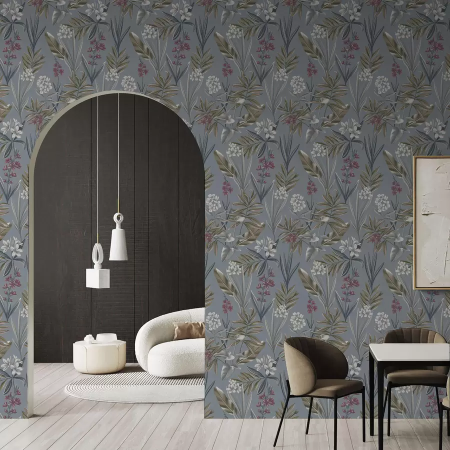 Fototapetes Zili pelēkā fonā uz ziedu zariem a00350