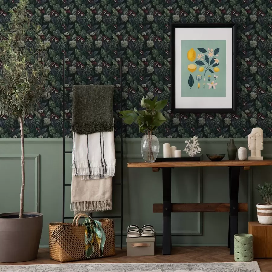 Fototapetes Tropu lapas ar baltiem un sarkaniem ziediem a00361