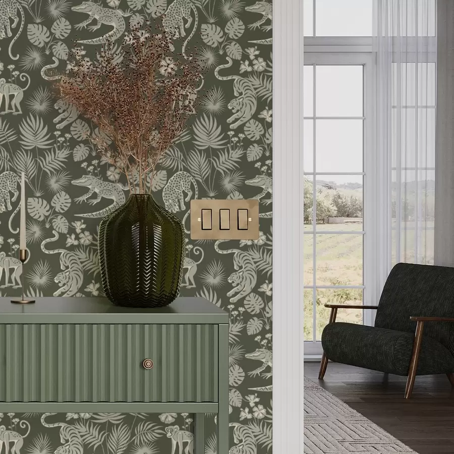 Fototapetes Savvaļas dzīvnieku silueti starp tropu lapām a00404