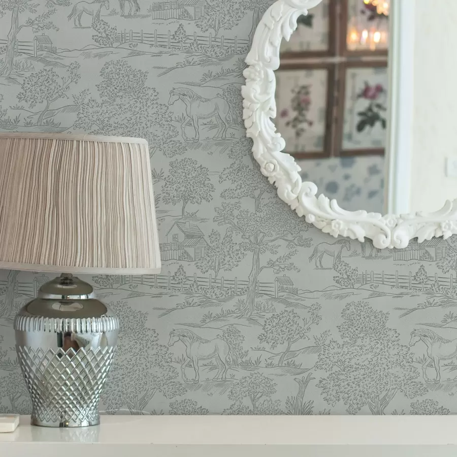 Fototapetes Zaļa melnbalta ainava ar zirgiem un mājiņām a00407