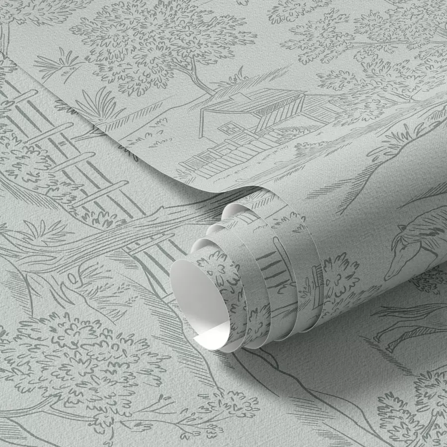 Fototapetes Zaļa melnbalta ainava ar zirgiem un mājiņām a00407