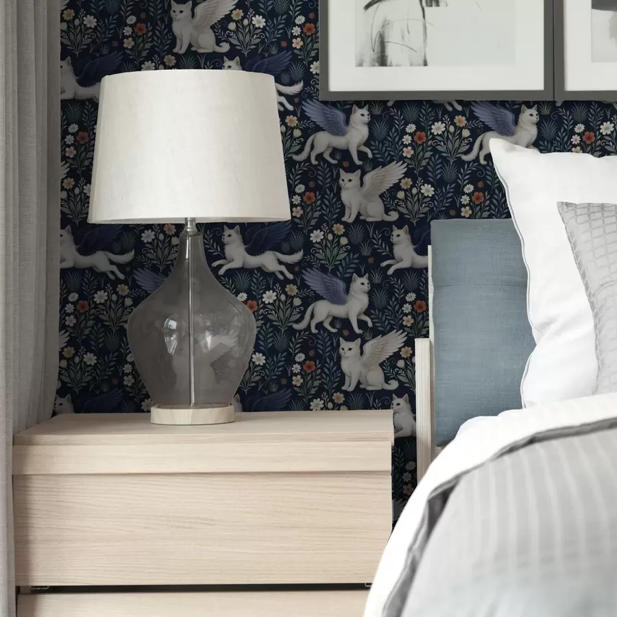 Fototapetes Fantāzijas kaķi ar spārniem starp ziediem a00408