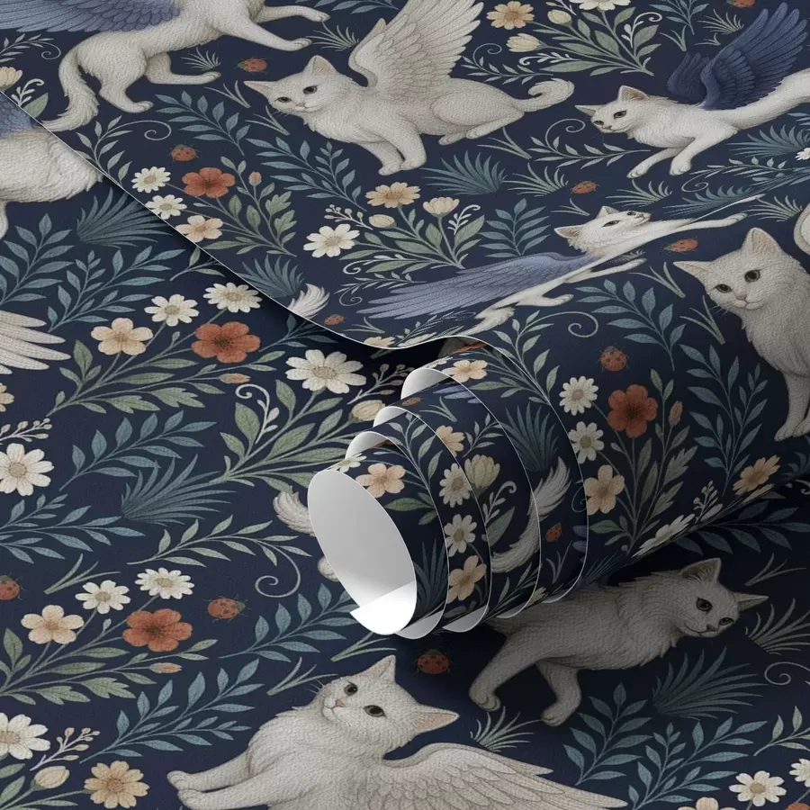 Fototapetes Fantāzijas kaķi ar spārniem starp ziediem a00408