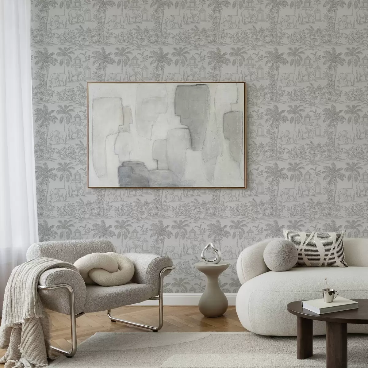 Tapetes Vienkrāsaini ziloņi un džungļi grafiskā stilā a00410