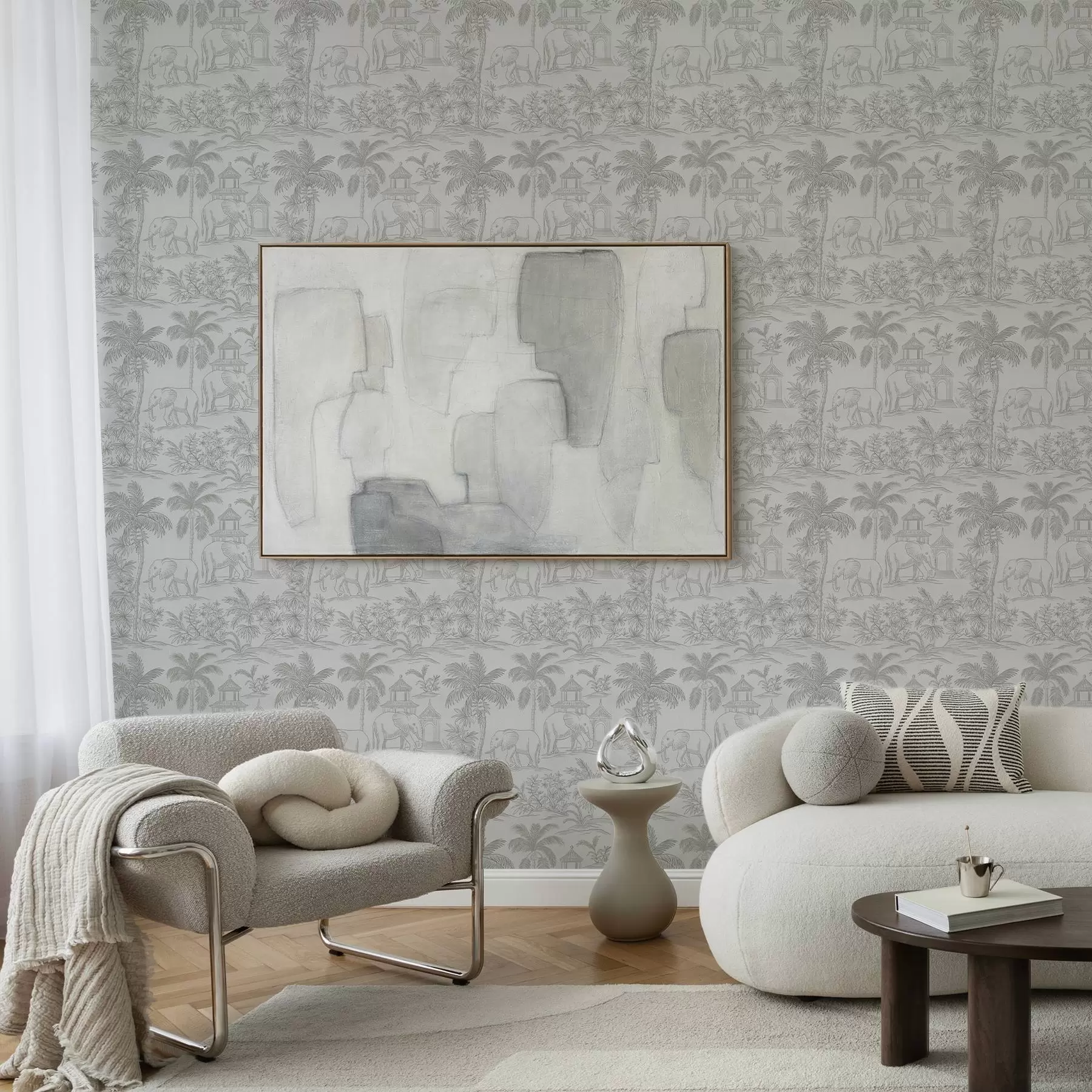 Fototapetes Vienkrāsaini ziloņi un džungļi grafiskā stilā a00410