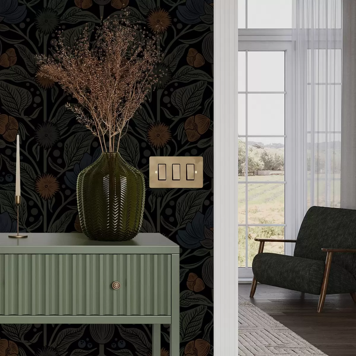 Tapetes Tumšs ziedu ornaments ar oranžiem akcentiem a00411