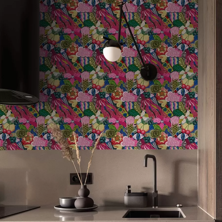 Fototapetes Abstraktā popārta māksla ar ziediem, ogām un rakstiem a00471