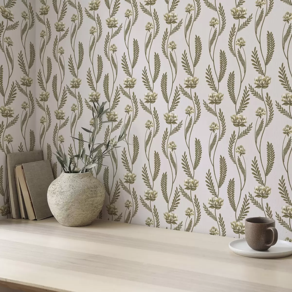 Tapetes Vertikāls ornaments ar baltiem ziediem uz rozā fona a00476