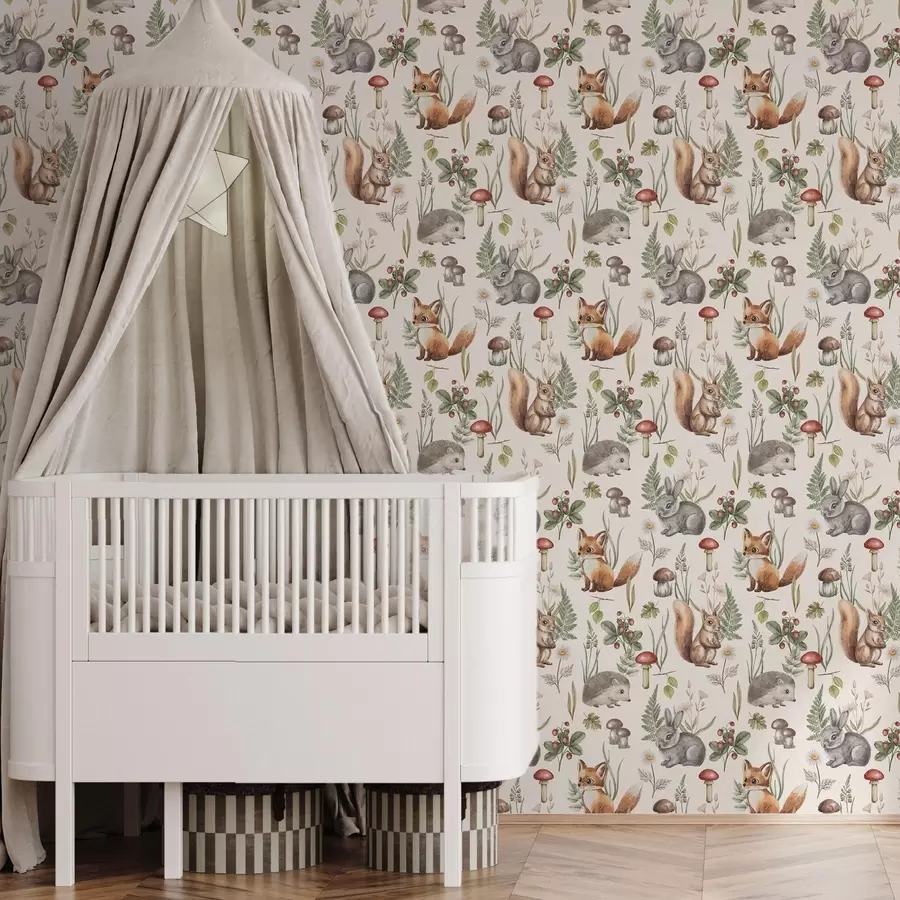 Fototapetes Meža dzīvnieki, sēnes un augi pasaku stilā a00477