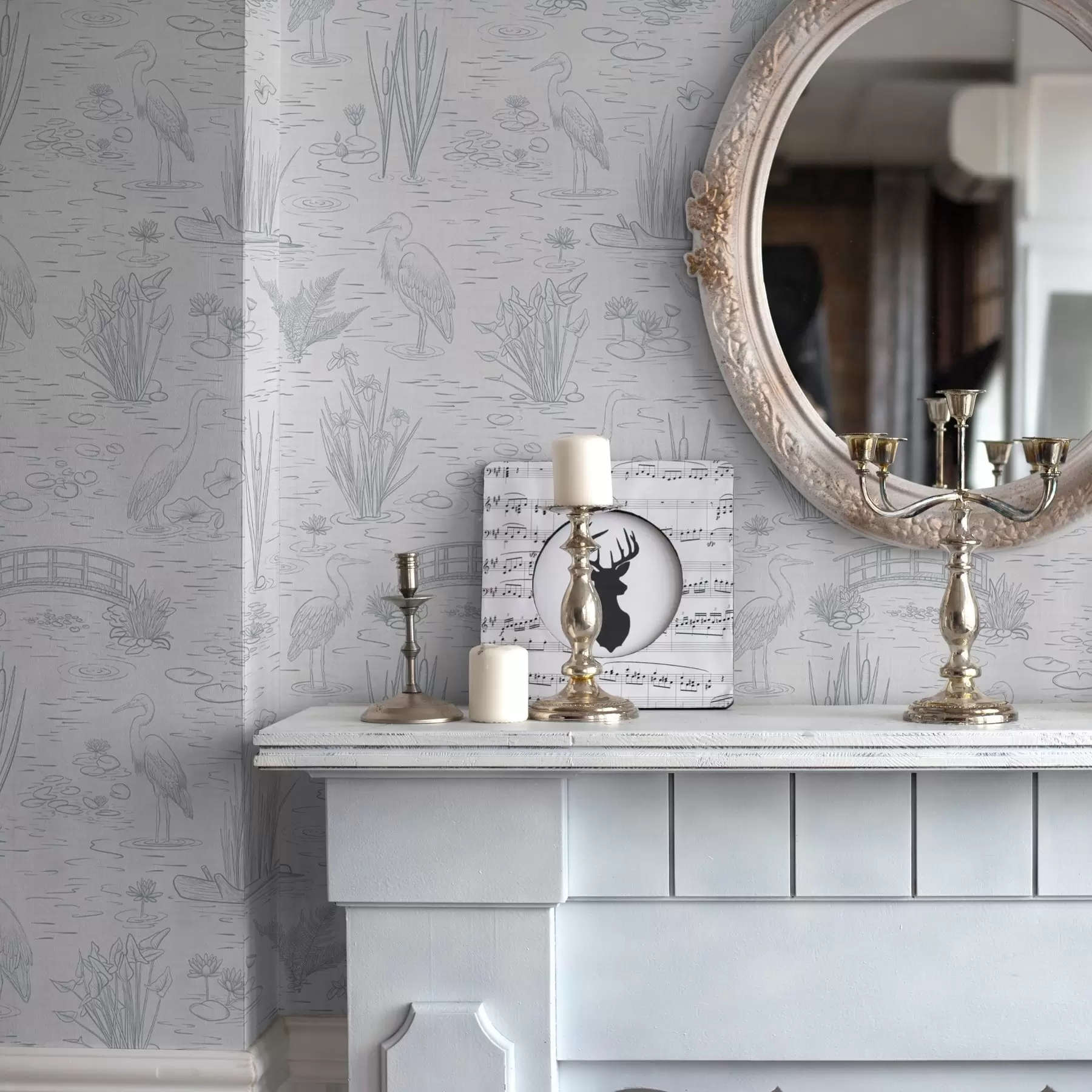 Fototapetes Zilganzobu un ūdens augu zīmējums mierīgos pelēkos toņos a00479