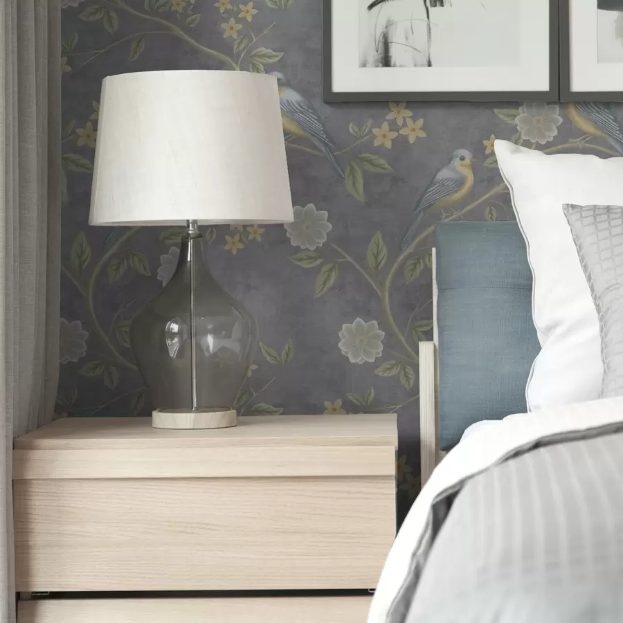 Fototapetes Putni uz zariem starp ziediem uz pelēka fona a00483