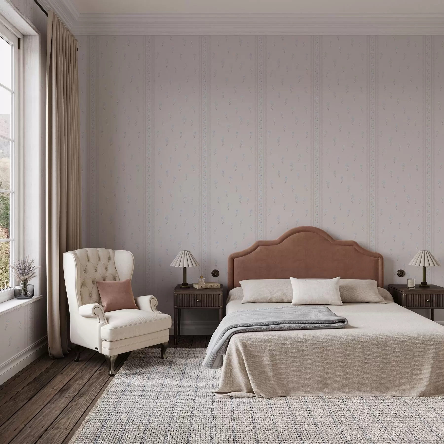 Fototapetes Rozā fons ar smalkiem ziliem ziediem un apmali a00484