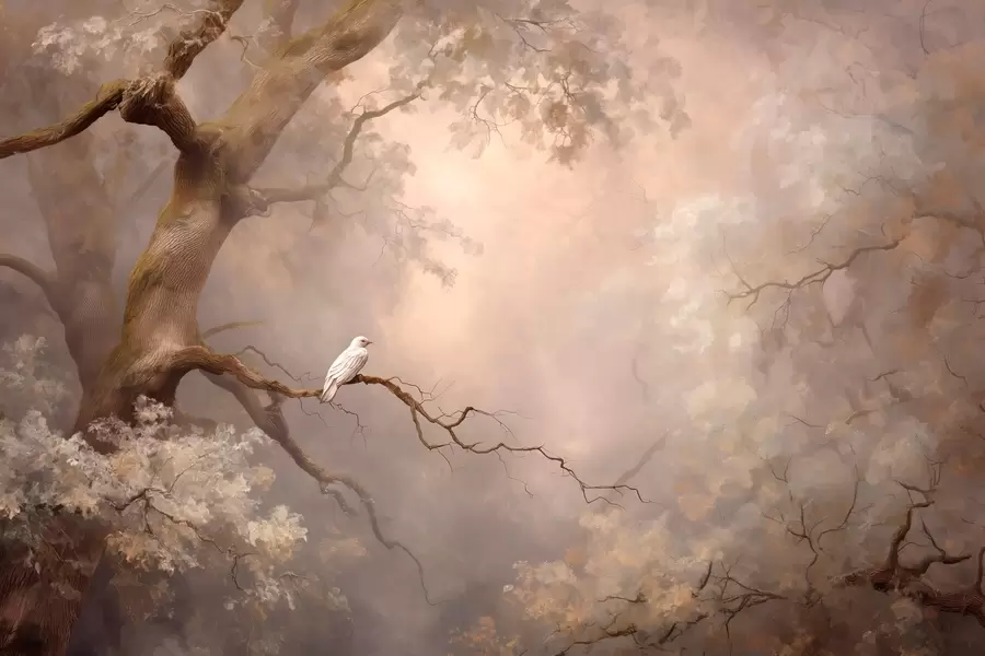 Fototapetes mistisks mežs ar baltu putnu w04314