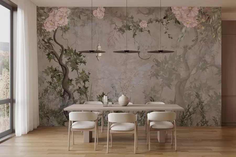 Fototapetes Pasaku dārzs ar ziediem, kokiem un laternu w04416