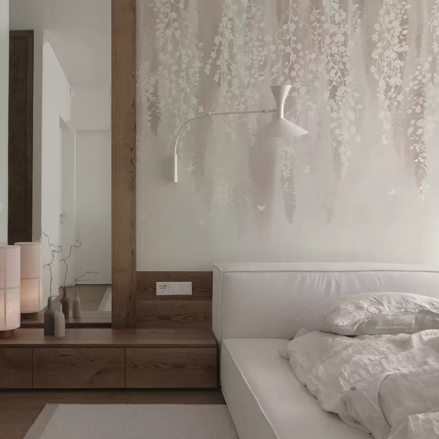 Fototapetes Viegli zari ar baltiem ziediem uz maiga fona w04417