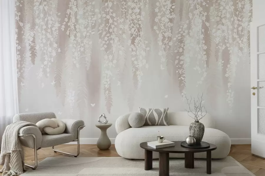 Fototapetes Viegli zari ar baltiem ziediem uz maiga fona w04417