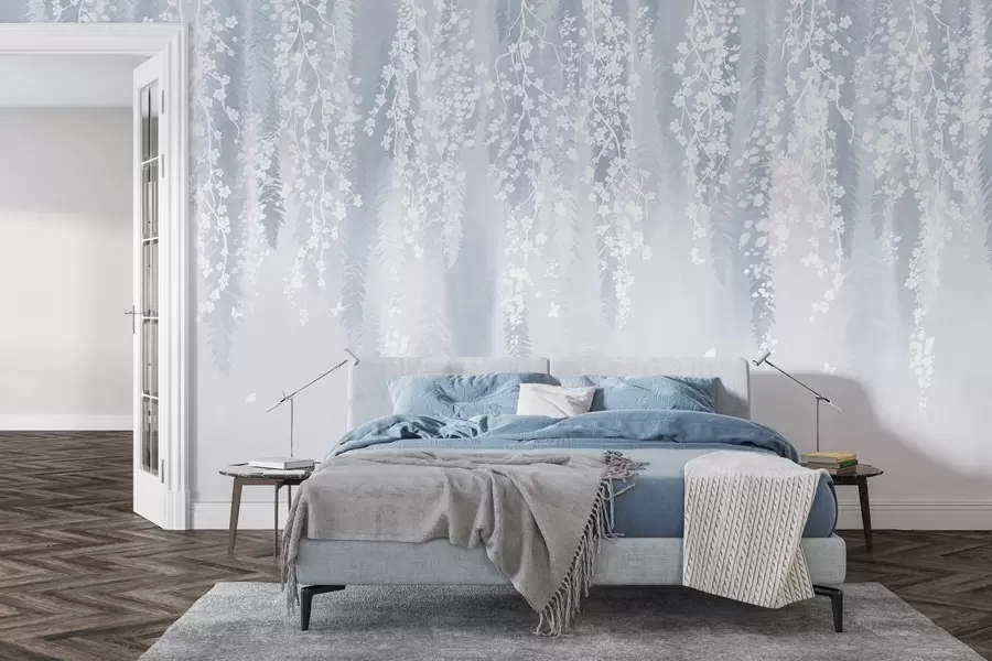 Fototapetes Vēsā zilā versija ar baltiem zariem un baltiem ziediem w04417v2