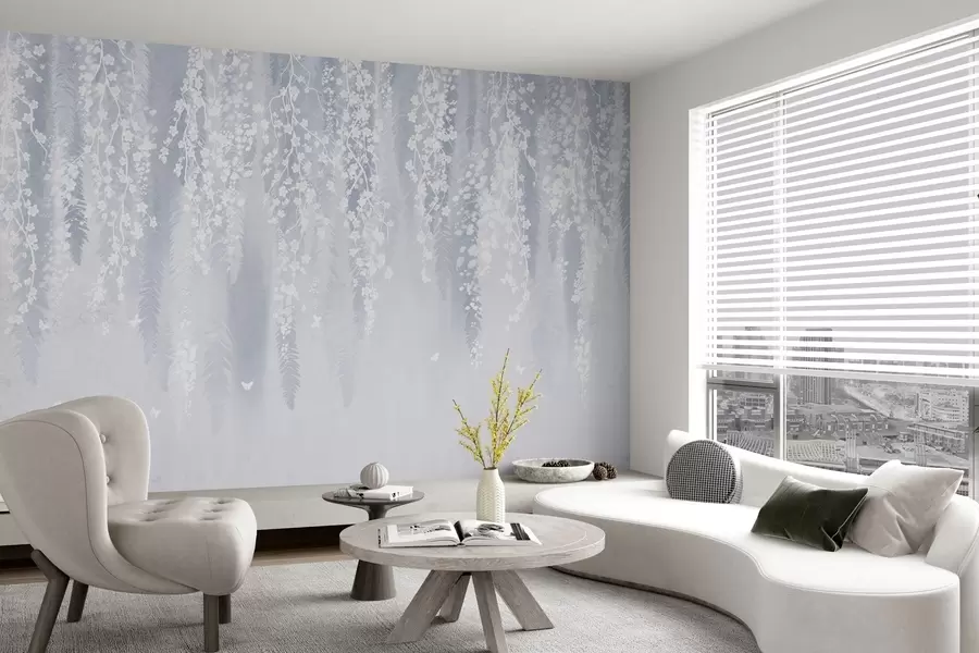 Fototapetes Vēsā zilā versija ar baltiem zariem un baltiem ziediem w04417v2