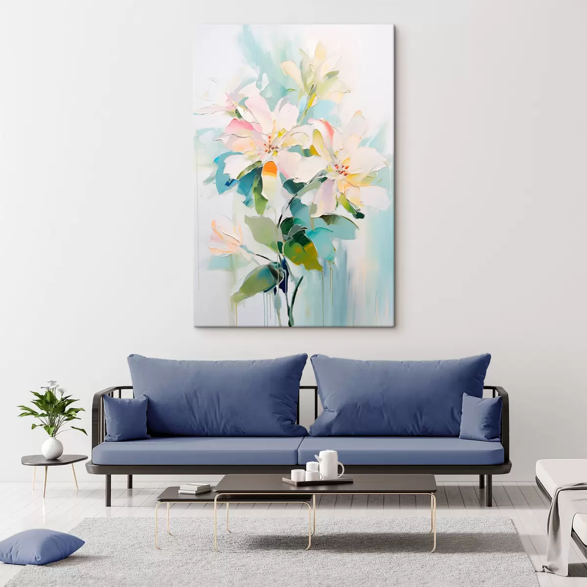 Glezna Ziedi ar krāsainiem akcentiem, zaļas lapas, mīksti triepieni ar otu, eļļas glezna imitācija, gaiši zils fons s45549