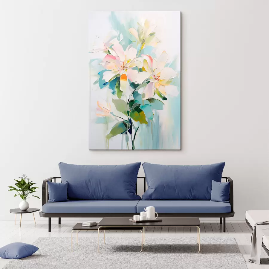 Glezna Ziedi ar krāsainiem akcentiem, zaļas lapas, mīksti triepieni ar otu, eļļas glezna imitācija, gaiši zils fons s45549