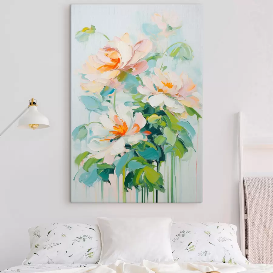 Glezna Balti un pasteļkrāsas persiku ziedi, zaļas lapas, mīksti triepieni ar otu, eļļas glezna imitācija, gaiši zils fons s45550